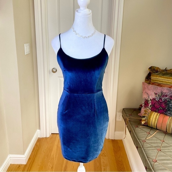 NBD Dresses & Skirts - NBD Velvet Dress with Cross Tie Low Back in Blue Slip Bodycon Mini Style (XS)